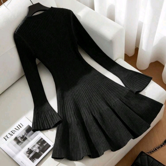 Unbranded Dresses & Skirts - Woman Black Knit Long Sleeve Fashion Dress Sweater Mini Fit & Flare Size M